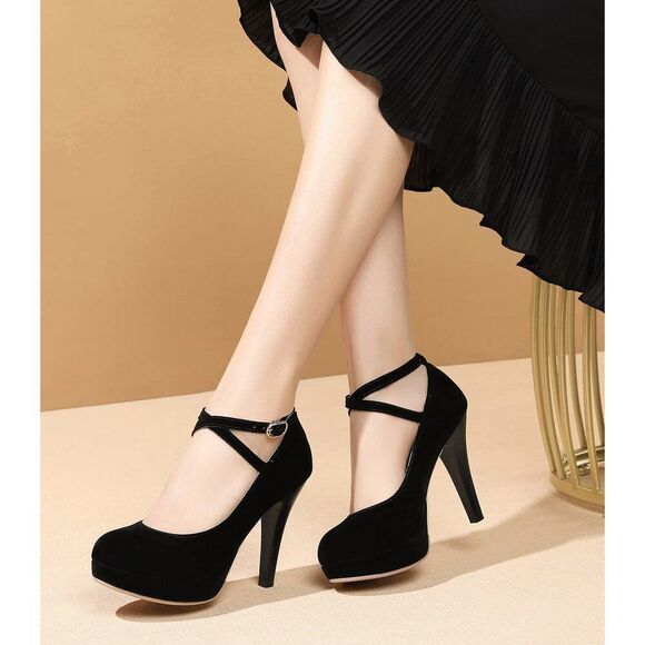 Black Heels For Women Strappy Closed Toe Platform High Heels Pumps Sexy Vintage - Picture 5 of 9